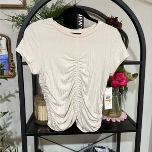 DKNY White Ruched Ribbed Short Sleeve Tee size small